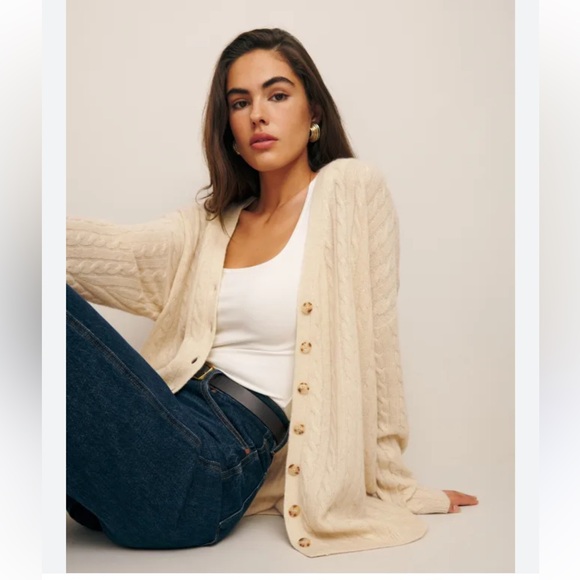 Reformation Beige Giusta Oversized Cashmere Cable Knit Cardigan S - Picture 2 of 12